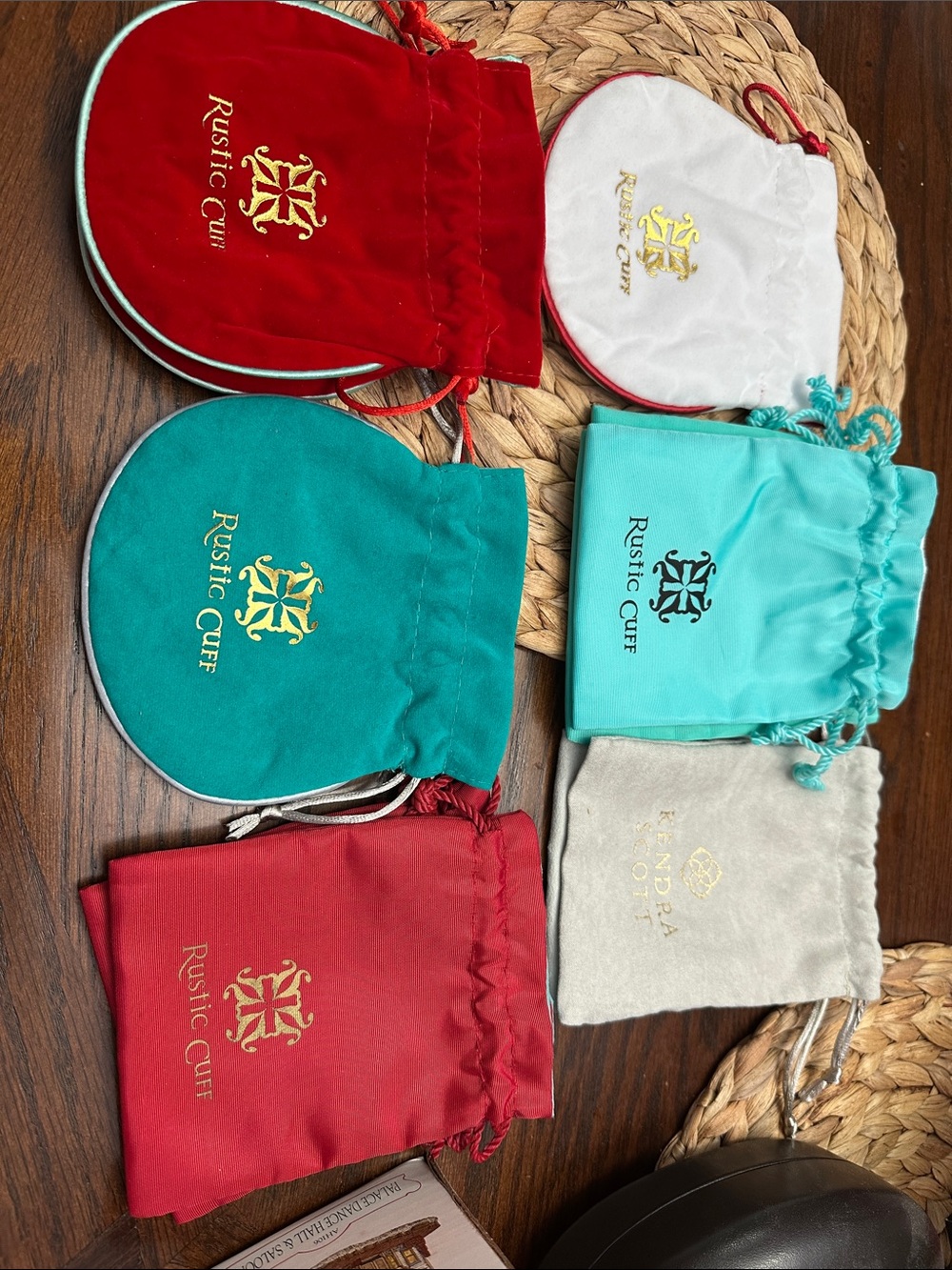 Rustic Cuff and Kendra Scott Jewelry Pouches in Teal, Red, White, and grey
